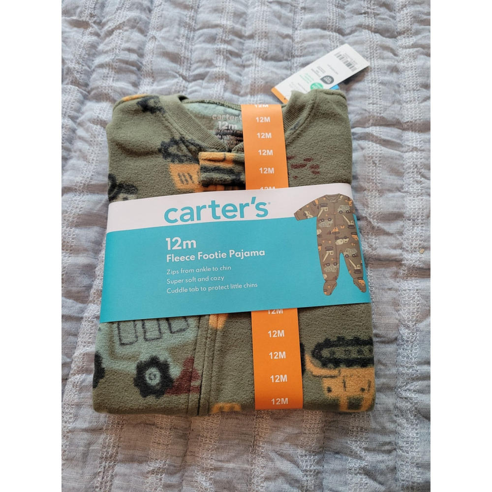 Boys Carter's Fleece Footie Pajama 12M Green Brown Construction Trucks 🚚 NWT